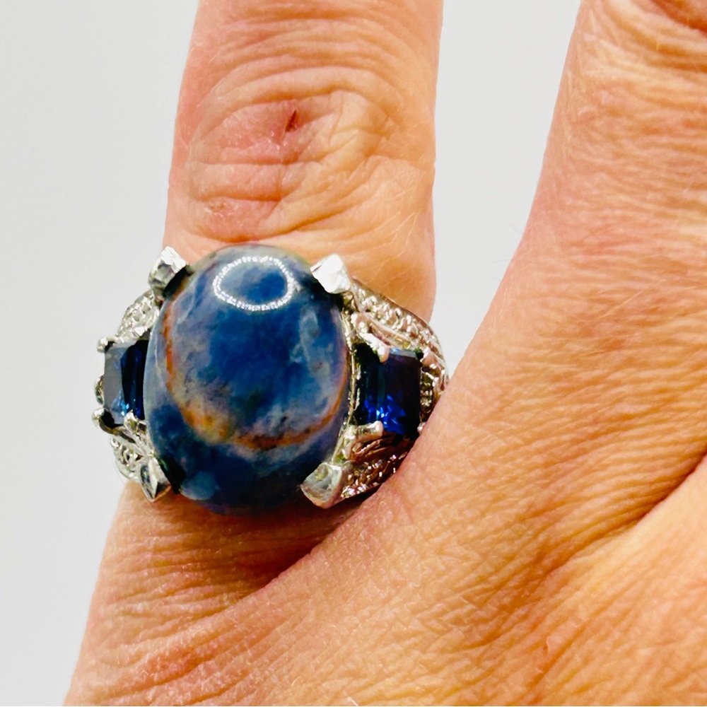 Sodalite and Simulated Sapphire Ring; Size 6; Stainless Steel - Picture 6 of 9